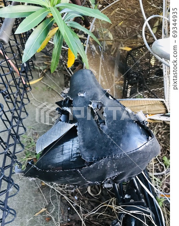 Bicycle saddle poked by a crow Bicycle saddle poked by a crow 69344935