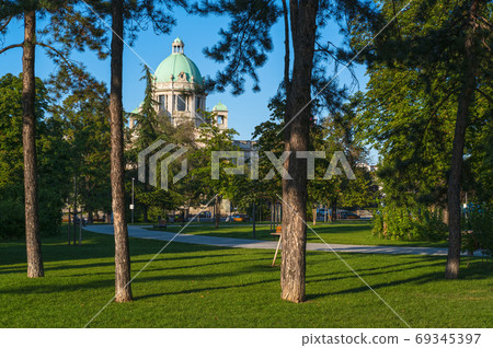 Serbia National Assembly view from Pionirski park, Belgrade, Ser 69345397