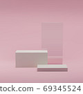 Stage from white platforms, bricks, glass element, podium for product display and show on pink background in studio. 3d realistic vector illustration, 3d render 69345524