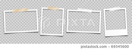 Realistic empty photo card frame, film set. Retro vintage photograph with transparent adhesive tape Realistic empty photo card frame, film set. Retro vintage photograph with transparent adhesive tape 69345600