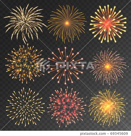 Festive fireworks collection. Realistic colorful firework on transparent background. Christmas or 69345609