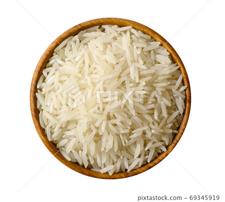 Dry white long rice basmati isolated on white background. 69345919