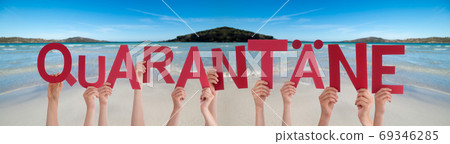 People Hands Holding Word Quarantaene Means Quarantine, Ocean Background 69346285