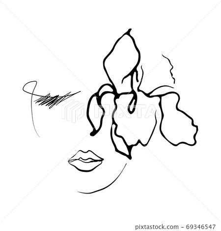 line drawing woman face with iris flower. line drawing woman face with iris flower. 69346547