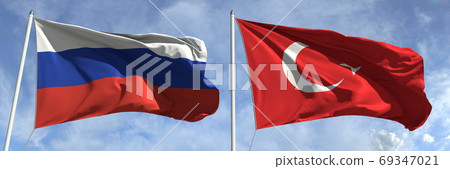 Flying flags of Russia and Turkey on high flagpoles. 3d rendering 69347021