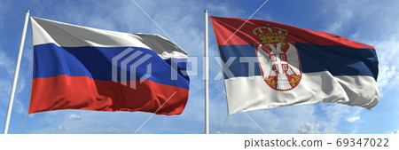 Waving flags of Russia and Serbia on flagpoles, 3d rendering 69347022
