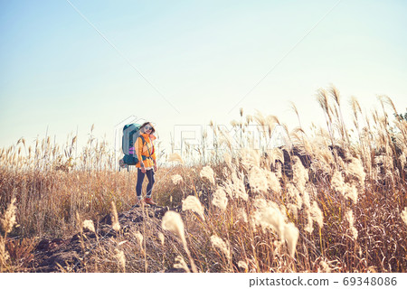 韓國年輕女子背包旅行。 韓國年輕女子背包旅行。 69348086