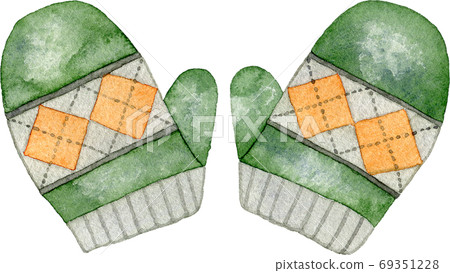Watercolor illustration of dark green woolen gloves (mittens) Watercolor illustration of dark green woolen gloves (mittens) 69351228