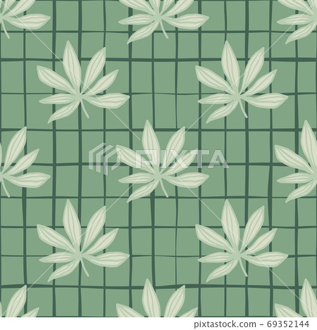 Grey simple cannabis ornament seamless pattern. Green background with check. Drug floral backdrop. 69352144