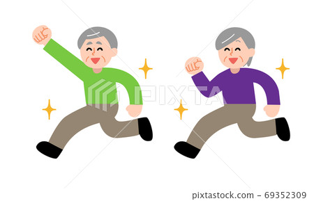 Senior man running in front of a healthy senior woman while doing a guts pose (simple color) 69352309
