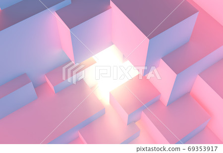 Abstract architectural vaporwave background with cube construction in pink and blue lights stage and light beam inside 69353917