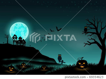 Halloween night background landscape with stars,moon,pumpkins and castle Halloween night background landscape with stars,moon,pumpkins and castle 69354623