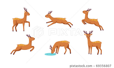 Set of cheerful reindeers. Jumping, standing, running, drinking reindeer in cartoon style. Vector illustration Set of cheerful reindeers. Jumping, standing, running, drinking reindeer in cartoon style. Vector illustration 69356807