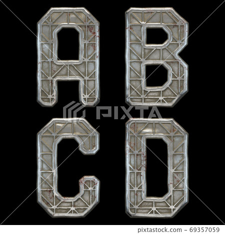 Set of capital letters A, B, C, D made of industrial metal isolated on black background. 3d Set of capital letters A, B, C, D made of industrial metal isolated on black background. 3d 69357059