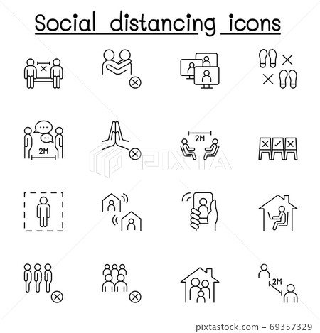 Set of Social distancing Related Vector Line Icons. Contains suc Set of Social distancing Related Vector Line Icons. Contains suc 69357329