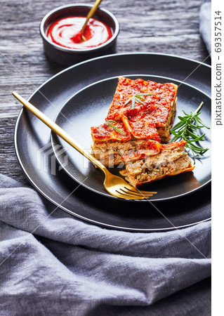 American tofu spinach vegan lasagna on a plate 69357514