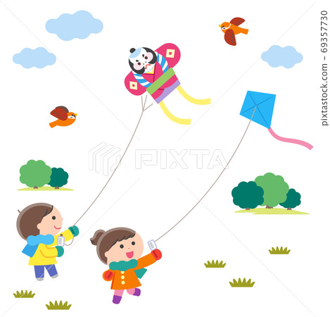 Kite-raising children / landscape / no outline 69357730