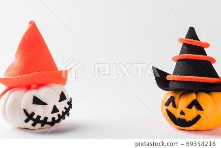 ghost pumpkin head jack lantern scary smile wear hat 69358218