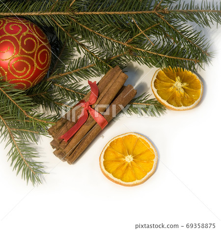 Christmas red ball, twig of fir,  69358875