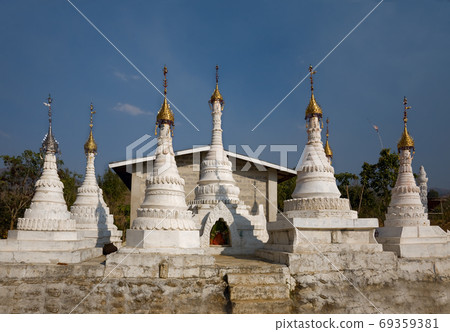 white Buddhist Stupas. Indein white Buddhist Stupas. Indein 69359381