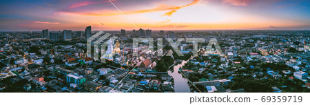 Aerial view of Wat Paknam Bhasicharoen, a temple, pagoda and Buddha statue in Bangkok Thailand Aerial view of Wat Paknam Bhasicharoen, a temple, pagoda and Buddha statue in Bangkok Thailand 69359719
