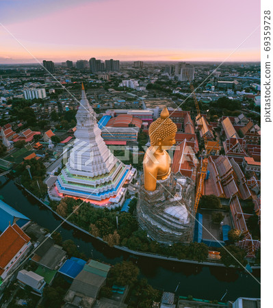 Aerial view of Wat Paknam Bhasicharoen, a temple, pagoda and Buddha statue in Bangkok Thailand 69359728