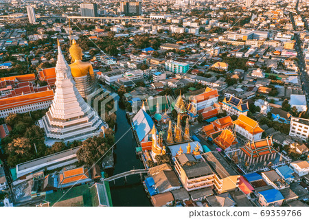 Aerial view of Wat Paknam Bhasicharoen, a temple, pagoda and Buddha statue in Bangkok Thailand Aerial view of Wat Paknam Bhasicharoen, a temple, pagoda and Buddha statue in Bangkok Thailand 69359766