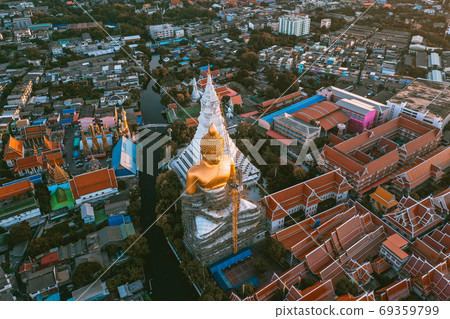 Aerial view of Wat Paknam Bhasicharoen, a temple, pagoda and Buddha statue in Bangkok Thailand Aerial view of Wat Paknam Bhasicharoen, a temple, pagoda and Buddha statue in Bangkok Thailand 69359799