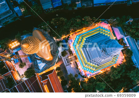 Aerial view of Wat Paknam Bhasicharoen, a temple, pagoda and Buddha statue in Bangkok Thailand 69359809