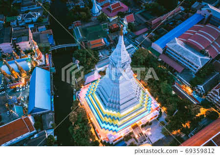 Aerial view of Wat Paknam Bhasicharoen, a temple, pagoda and Buddha statue in Bangkok Thailand Aerial view of Wat Paknam Bhasicharoen, a temple, pagoda and Buddha statue in Bangkok Thailand 69359812