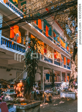 Laundry day for thai monks in Bangkok Thailand 69359904