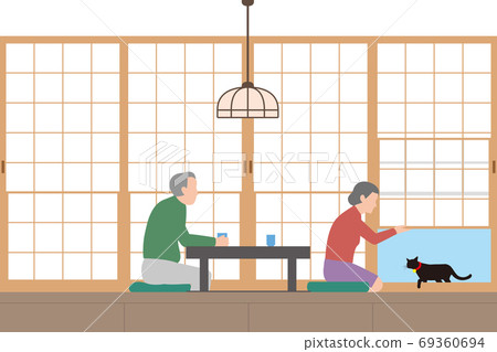 Housing. Japanese-style room with shoji screen and senior couple. Interior 69360694
