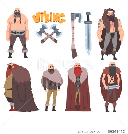 Strong Muscular Vikings Collection, Male and Female Scandinavian Warriors Characters in Traditional Clothes with Weapon Vector Illustration 69361432