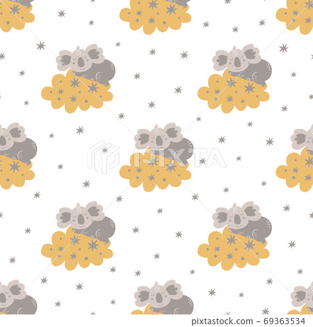 Baby bear pattern. Sweet dream. Sleeping koala bear on the clouds, stars. Childish kids texture. Good night 69363534
