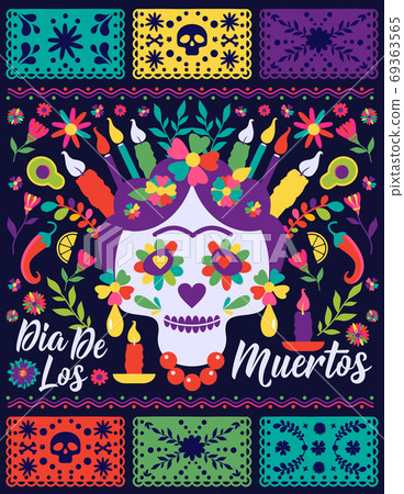 Dias de los Muertos trend flat banner vector. In English Feast of death. Mexico design for fiesta cards or party invitation, poster. Flowers traditional mexican frame with floral letters on dark 69363565