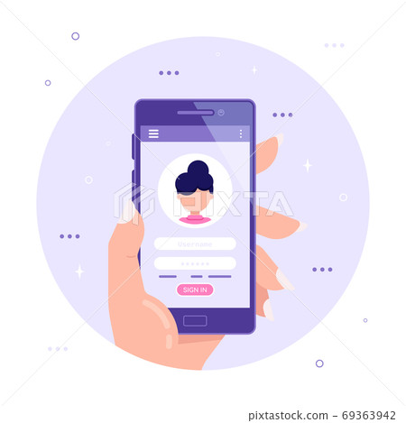 Human Using Mobile App Sign In Female hand holding smartphone with login and... - Stock Illustration ...