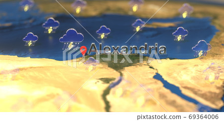 Alexandria city and stormy weather icon on the map, weather forecast related 3D rendering Alexandria city and stormy weather icon on the map, weather forecast related 3D rendering 69364006