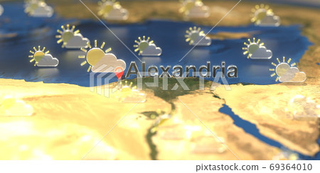 Alexandria city and partly cloudy weather icon on the map, weather forecast related 3D rendering Alexandria city and partly cloudy weather icon on the map, weather forecast related 3D rendering 69364010