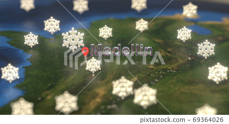 Snowy weather icons near Medellin city on the map, weather forecast related 3D rendering 69364026