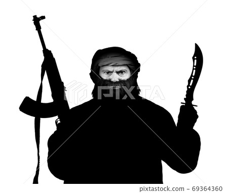The black silhouette of man armed with kalashnikov and knife isolated on a white background. The black silhouette of man armed with kalashnikov and knife isolated on a white background. 69364360