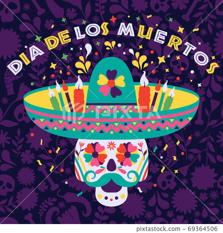 Dias de los Muertos trend flat banner vector. In English Feast of death. Mexico design for fiesta cards or party invitation, poster. Flowers traditional mexican surface seamles pattern. Dias de los Muertos trend flat banner vector. In English Feast of death. Mexico design for fiesta cards or party invitation, poster. Flowers traditional mexican surface seamles pattern. 69364506