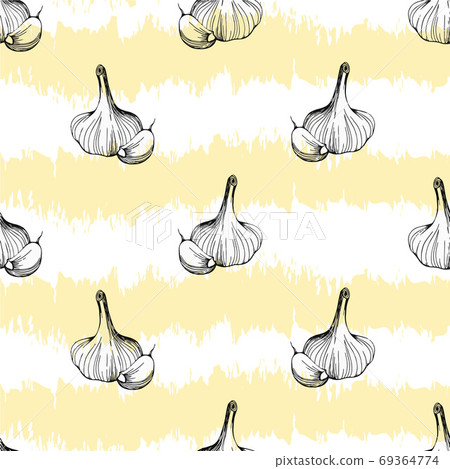 seamless pattern of garlic on a yellow and white striped background seamless pattern of garlic on a yellow and white striped background 69364774