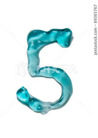 Number five written by transparent gel isolated on white background. Squeezed transparent gel with bubbles close-up 69365767