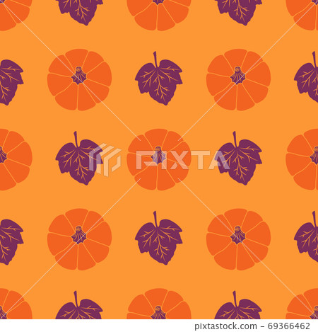Colorful Pumpkins with leaves on an orange background. Seamless vector pattern. Cute autumn illustrations for holiday decorations, festive cards, banners, wrappings, prints, fabrics, thematic textiles Colorful Pumpkins with leaves on an orange background. Seamless vector pattern. Cute autumn illustrations for holiday decorations, festive cards, banners, wrappings, prints, fabrics, thematic textiles 69366462