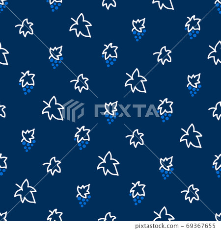 Seamless pattern with grapes in blue and white colors. Light pattern on a dark background with doodles for printing on fabrics, paper, packaging. Vector 69367655