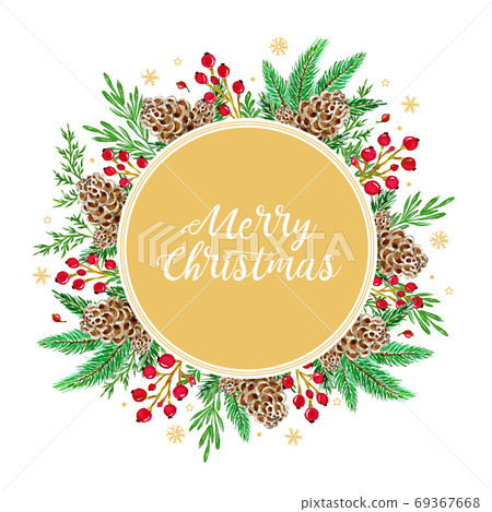 Christmas watercolor frame with fir twigs, cones and red berries Christmas watercolor frame with fir twigs, cones and red berries 69367668