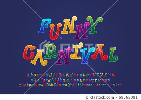 Colorful funny alphabet cartoon curly font. Uppercase and lowercase letters, numbers, punctuation marks. Vector illustration 69368081
