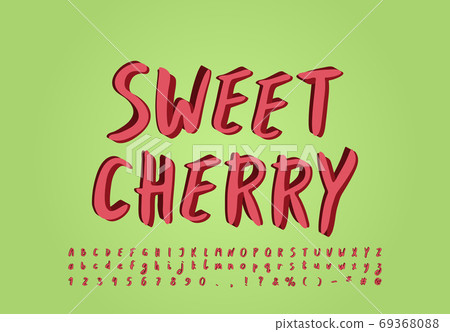 Original modern alphabet red cherry color, paintbrush font. Uppercase and lowercase letters, numbers. Vector illustration 69368088