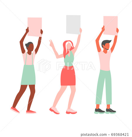 Multinational man and woman holding empty banners. Protesting cartoon characters. Vector illustration 69368421