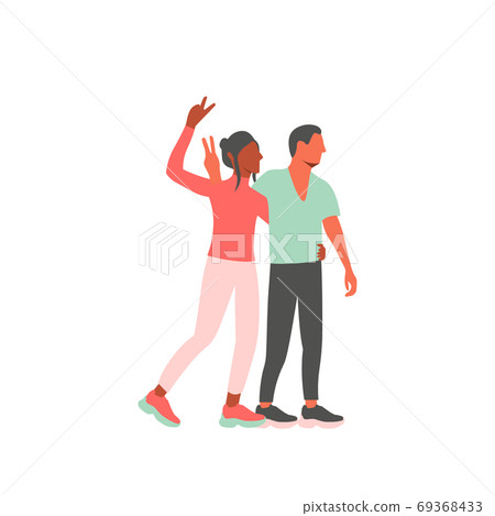 Happy black gay couple walking, hugging and showing peace gesture. LGBTQ community cartoon character. Flat design. Happy black gay couple walking, hugging and showing peace gesture. LGBTQ community cartoon character. Flat design. 69368433